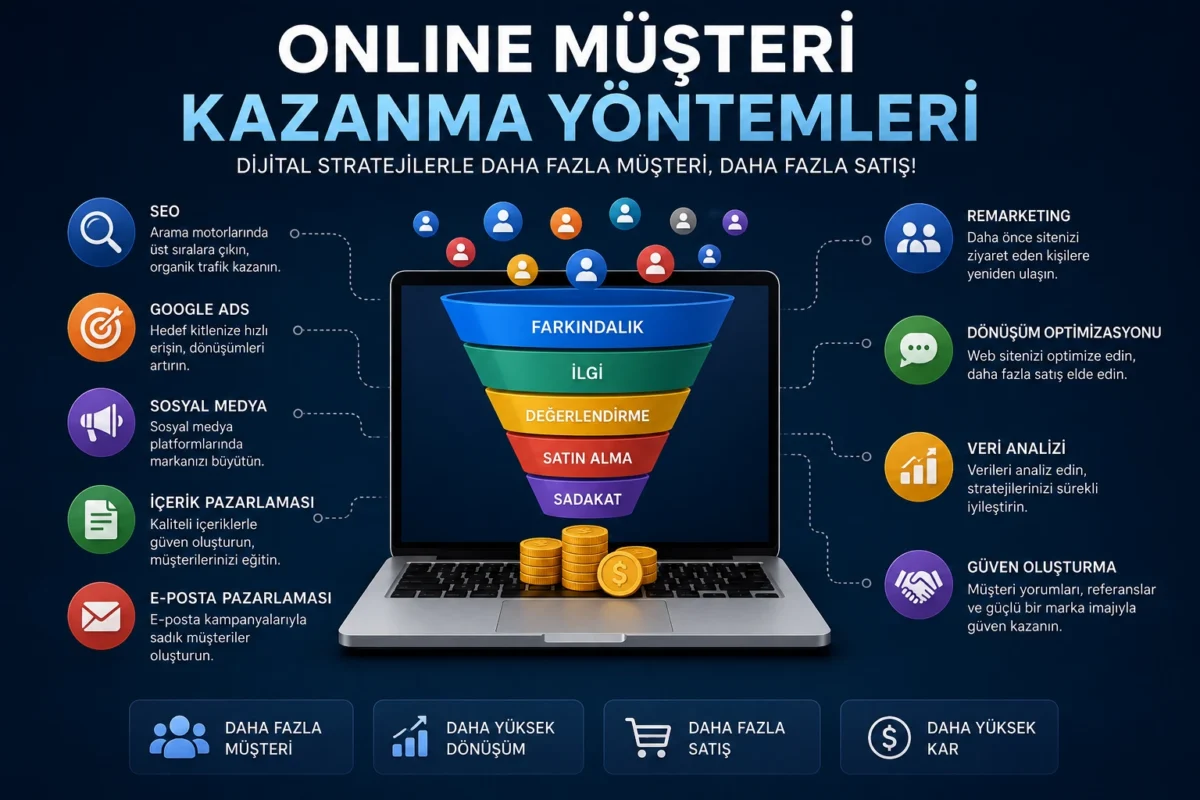 Online Müşteri Kazanma Yöntemlerinde Yapay Zekânın Rolü Son yıllarda yapay zekâ teknolojileri, dijital pazarlama stratejilerinin önemli bir parçası hâline gelmiştir. Online müşteri kazanma yöntemleri geliştirilirken yapay zekâ destekli araçlardan yararlanmak; hedef kitle analizinden içerik planlamasına, reklam optimizasyonundan müşteri hizmetlerine kadar birçok alanda işletmelere avantaj sağlayabilir. Yapay zekânın katkı sağladığı alanlar şunlardır: Hedef kitle analizi Reklam bütçesi optimizasyonu Otomatik teklif stratejileri İçerik fikirleri oluşturma Chatbot ile 7/24 müşteri desteği Satın alma eğilimlerini analiz etme Kişiselleştirilmiş kampanyalar hazırlama Ancak yapay zekâ araçları tek başına yeterli değildir. İnsan deneyimi, sektör bilgisi ve düzenli analizlerle desteklendiğinde çok daha başarılı sonuçlar elde edilebilir. Sosyal Kanıt (Social Proof) Müşteri Kazanımını Nasıl Etkiler? İnsanlar satın alma kararı verirken diğer kullanıcıların deneyimlerinden etkilenir. Bu nedenle sosyal kanıt, dijital pazarlamanın en güçlü unsurlarından biridir. Web sitenizde ve sosyal medya hesaplarınızda şu unsurlara yer vermeniz faydalı olabilir: Gerçek müşteri yorumları Google değerlendirmeleri Başarı hikâyeleri Referans projeler Video müşteri yorumları Öncesi ve sonrası çalışmaları Sektörel başarı belgeleri İş ortaklarının logoları Bu içerikler, yeni ziyaretçilerin markanıza güven duymasını kolaylaştırabilir ve dönüşüm oranlarını artırabilir. Dönüşüm Hunisi (Conversion Funnel) Neden Önemlidir? Her ziyaretçi web sitenize geldiği anda satın alma işlemi yapmaz. Kullanıcılar genellikle belirli aşamalardan geçerek karar verir. Bu sürece dönüşüm hunisi adı verilir. Temel dönüşüm hunisi aşamaları: 1. Farkındalık Kullanıcı markanızı ilk kez görür. Bu aşamada SEO, sosyal medya ve reklam kampanyaları önem kazanır. 2. İlgi Ziyaretçi web sitenizi inceler, blog yazılarınızı okur ve hizmetlerinizi araştırır. 3. Değerlendirme Rakip firmalarla karşılaştırma yapılır. Referanslar, yorumlar ve fiyatlandırma bu aşamada etkili olur. 4. Satın Alma Kullanıcı form doldurur, teklif ister veya sipariş oluşturur. 5. Sadakat Satış sonrası destek, e-posta pazarlaması ve kampanyalar sayesinde müşteri tekrar alışveriş yapabilir. Bu sürecin her aşamasını optimize etmek, müşteri kazanımını daha verimli hâle getirir. Başarı İçin Düzenli Performans Raporlaması Yapın Dijital pazarlama çalışmalarında "ölçemediğiniz hiçbir şeyi geliştiremezsiniz." Bu nedenle düzenli raporlama yapılması büyük önem taşır. Aylık olarak takip edilebilecek metrikler: Organik ziyaretçi sayısı Yeni kullanıcı oranı En çok trafik getiren sayfalar Google sıralamalarındaki değişimler Reklam dönüşüm oranları Form gönderim sayıları Telefon aramaları WhatsApp tıklamaları Satış sayısı Ortalama sipariş tutarı Reklam yatırım getirisi (ROAS) Bu veriler sayesinde hangi çalışmaların başarılı olduğu görülebilir ve bütçe daha verimli alanlara yönlendirilebilir. Dijital Dünyada Rekabet Avantajı Nasıl Sağlanır? İnternet ortamında her geçen gün daha fazla işletme faaliyet göstermektedir. Rekabette öne çıkmak isteyen markaların yalnızca görünür olması değil, aynı zamanda kullanıcılarına değer sunması gerekir. Rekabet avantajı sağlayan unsurlar: Özgün ve kaliteli içerikler Hızlı açılan web sitesi Mobil uyumlu tasarım Güçlü SEO altyapısı Profesyonel reklam yönetimi Düzenli sosyal medya iletişimi Güçlü marka kimliği Hızlı müşteri desteği Veri odaklı karar alma Sürekli optimizasyon Bu unsurların birlikte uygulanması, uzun vadede hem marka bilinirliğini hem de müşteri kazanımını destekler.